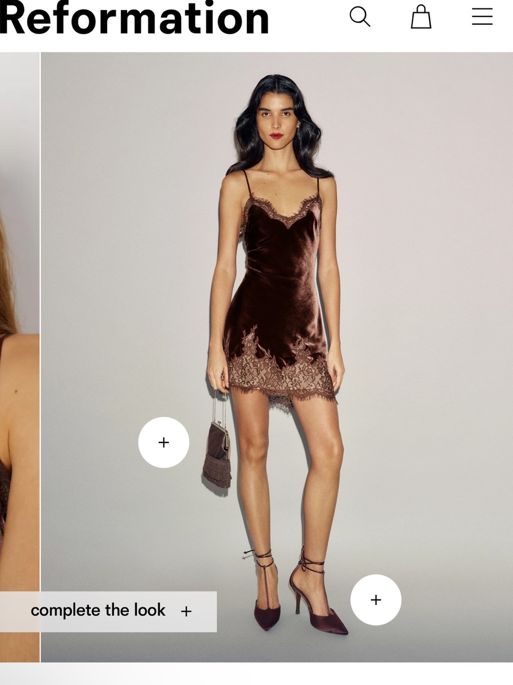 Reformation Chocolate Brown Velvet Lace Slip
